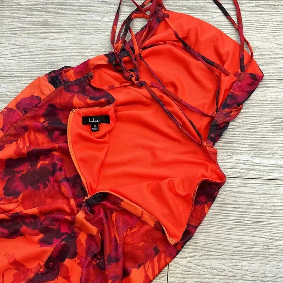Lulus Heart on Fire Orange Floral Print Backless Lace-Up Mini Dress size Medium - Picture 7 of 12